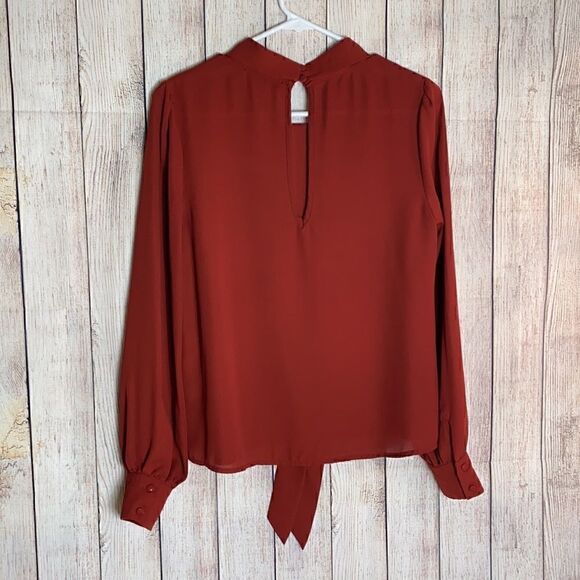Jieru Top Womens size Small Chiffon long sleeve front Tie Blouse Maroon Preppy - Picture 6 of 10